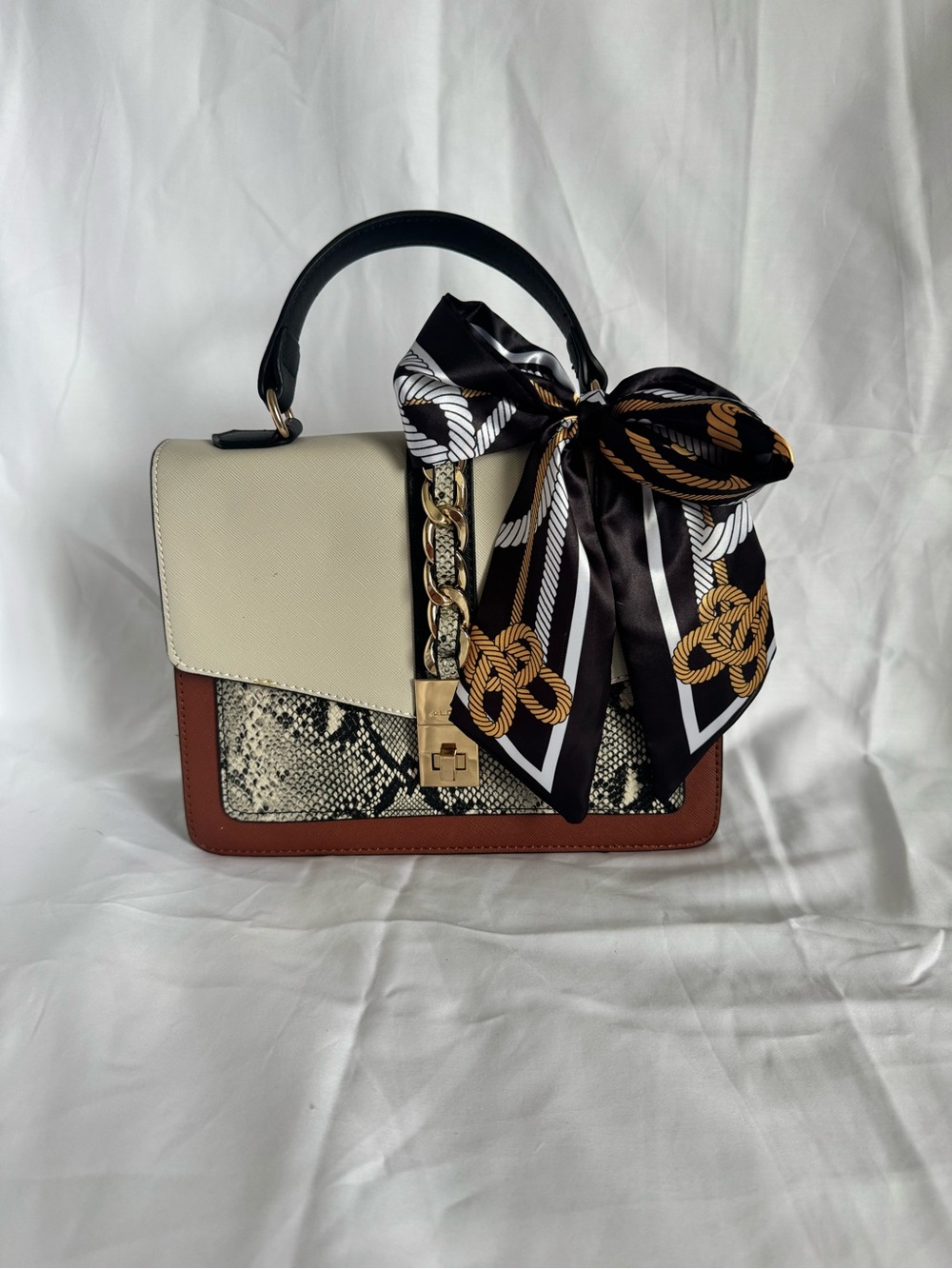 Aldo Cream, Brown and Black Colorblock Top-Handle Satchel with Scarf